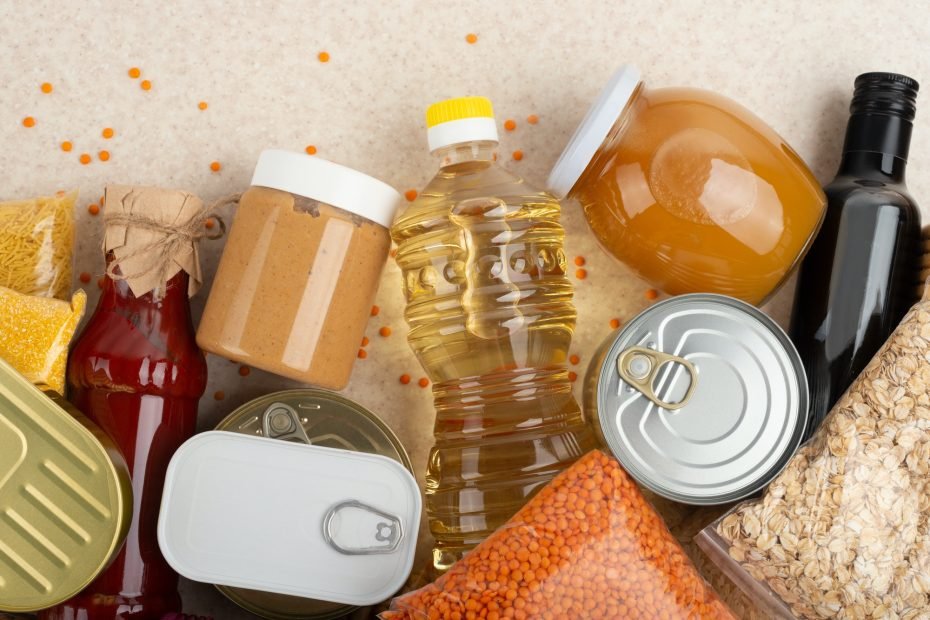 Emergency groceries food background with copyspace